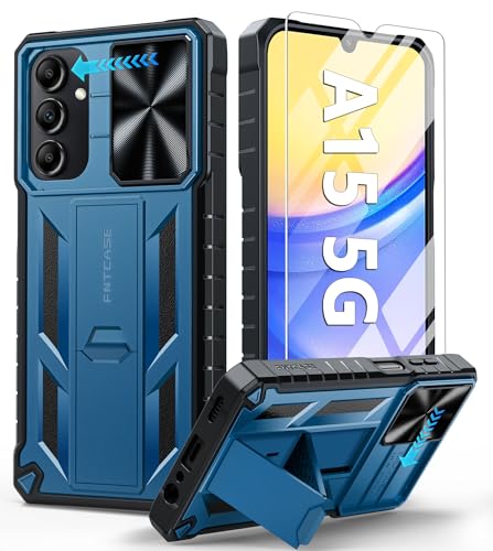 FNTCASE for Samsung Galaxy A15-5G Phone Case with Slide Camera Cover Blue | Built in Kickstand, Military Grade Dropproof Protection, Heavy Duty Rugged Phonecase, Outdoor Protection - color: Blue, size: For Galaxy A15 6.5 Inch