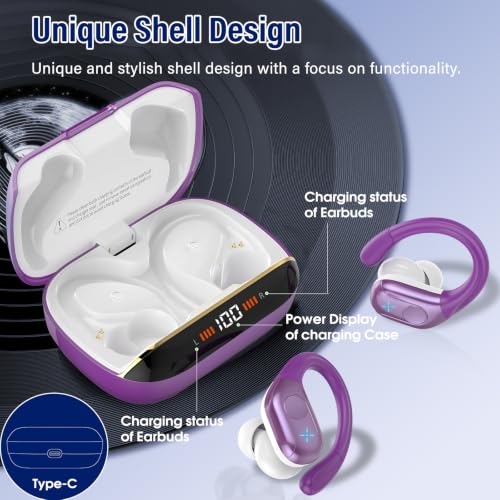 Bluetooth 5.4 Headphones Wireless Earbuds Sports, 75Hrs Bass Hi-Fi Stereo - color: Y-Starry Deep Purple
