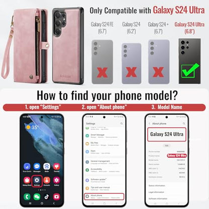 Defencase for Galaxy S24 Ultra Case Wallet Compatible with Magsafe, Pink | Magnetic Detachable, RFID Bolcking Card Holder, Zipper Strap, PU Leather Drop-Proof Phone Cover for Samsung Galaxy S24 Ultra - color: (Detachable with Magsafe)-Pink