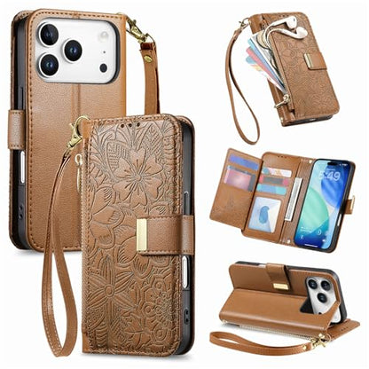 for iPhone 17 Pro Phone Case Wallet, Brown | Built-in Card Holder (8-10 Cards), Zipper Pocket, Wrist Strap, Stand Kickstand, Flower PU Leather Protective Phone Case Women - color: Brown, size: iPhone 17 Pro