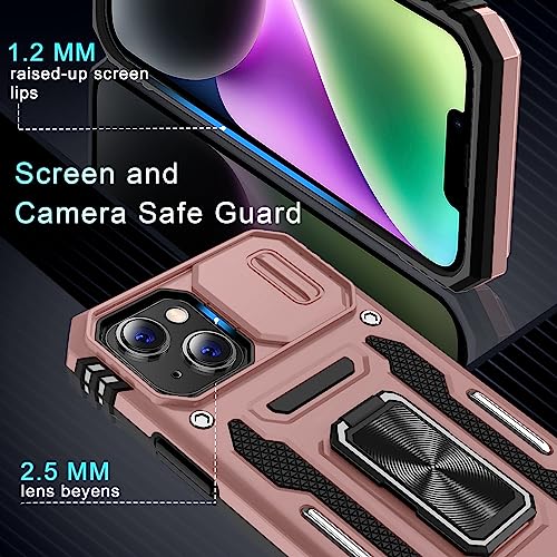 DEERLAMN Case for iPhone 13/iPhone 14 6.1-Inch with Slide Camera Cover+Screen Protector(2 Packs),Rotated Ring Kickstand Military Grade Shockproof Protective Cover-Rose Gold - color: Rose Gold