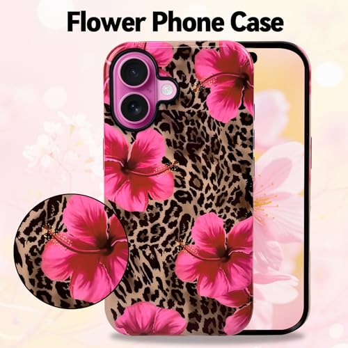 Lovmooful for iPhone 16 Case Cute Flower Leopard-Hibiscus | Compatible for iPhone 16 Case,Aesthetic,Hibiscus,Floral,2 in 1,for Women Girls,Soft TPU+PC,Shockproof,Protective - size: iPhone 16