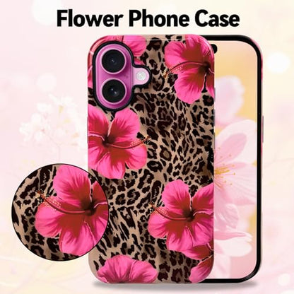 Lovmooful for iPhone 16 Case Cute Flower Leopard-Hibiscus | Compatible for iPhone 16 Case,Aesthetic,Hibiscus,Floral,2 in 1,for Women Girls,Soft TPU+PC,Shockproof,Protective - size: iPhone 16