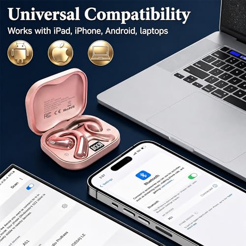 Open Ear Headphones, Wireless Headphones with Smart Digital Display & Mic - color: Rose Gold