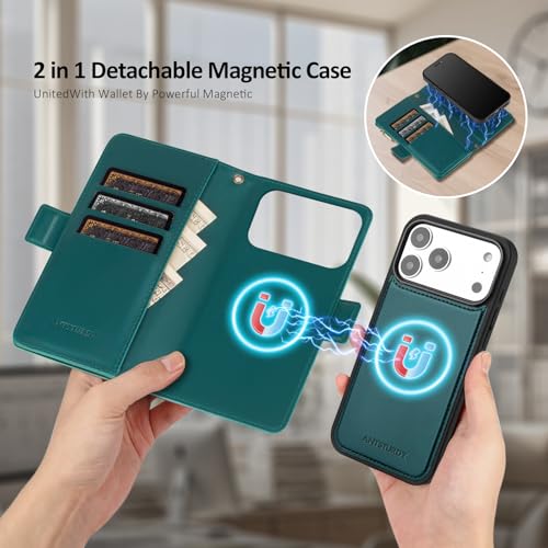 Antsturdy Compatible with MagSafe iPhone 17 Pro Max Wallet Case,Indigo Blue | Detachable Magnetic Credit Card Holder,RFID Blocking,PU Leather Zipper Purse,Wrist Strap Kickstand,Flip Phone Cover for Women - color: (Detachable with Magsafe)-Indigo Blue