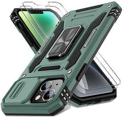 DEERLAMN Case for iPhone 13/iPhone 14 6.1-Inch with Slide Camera Cover+Screen Protector(2 Packs),Rotated Ring Kickstand Military Grade Shockproof Protective Cover-Green - color: Green