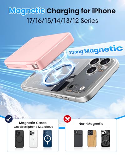 Magnetic Portable Charger, Power Bank Fast Charging 22.5W 10000mAh, Portable Charger with Built in Cable, for Magsafe Battery Pack Compatible with iPhone 17/16/15/14/13/12 Pro/Pro Max, Samsung Pink - color: Pink