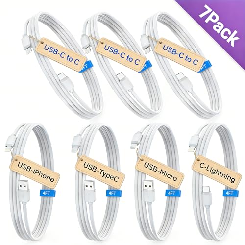 7-Pack Assorted 4FT Individual USB and USB-C Cables, Compatible/w iPhone17,16,15, iPhone14-5/ iPad/MacBook/Samsung Moblie/Tablet/Pixel/Nexus/HTC/Hub/Charging Station etc. (White) - color: White