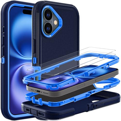 YKHJKLEC for iPhone 16 Case, Military Grade 3 in 1 Heavy Duty Shockproof/Drop Proof/Dust Proof Case with 2Pcs Tempered Glass Screen Protector (Navy Blue) - color: Navy Blue