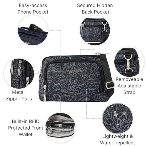 Baggallini Triple Zip with Front Wallet/Trifecta RFID Wallet Crossbody - color: Midnight Blossom