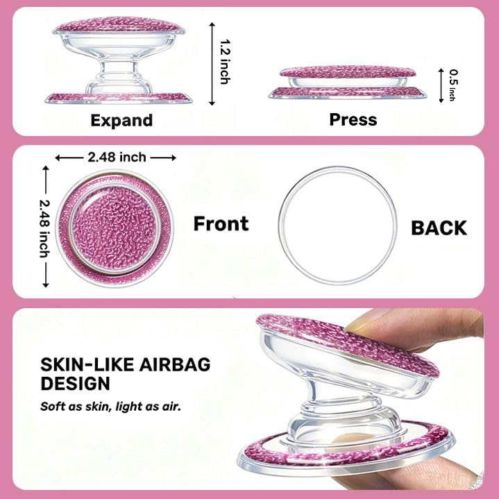Magnetic Phone Grip, Magnetic Collapsible Expandible Mobile Phone Grips Stand Holder for iPhone 17 16 15 14 13 12 Series, Sparkly Transparent Pink