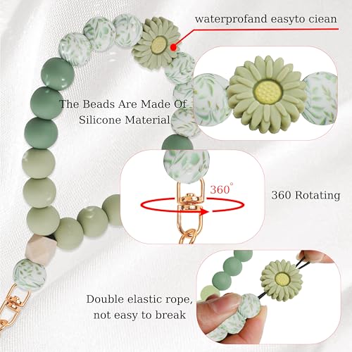 Silicone Beaded Phone Wrist Strap for Women, Elastic Wristlet - color: Green Daisy