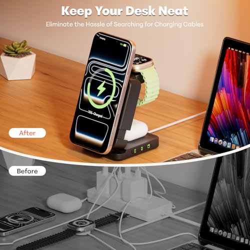 Wireless Charger 3 in 1, Foldable Charging Station for Apple Samsung Multi Devices Charging, Magnetic Charging Stand, Portable Travel Fast 15W Charger Station for iPhone, TWS, iWatch (Black)