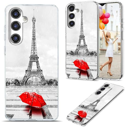 for Samsung Galaxy S24 FE Case for Girl Women Men, Full Protective Shockproof Slim Soft TPU Clear Phone Cover Cases for Galaxy S24 FE,Romantic France Paris Eiffel Tower Red Umbrella - color: A Eiffel tower in the rain