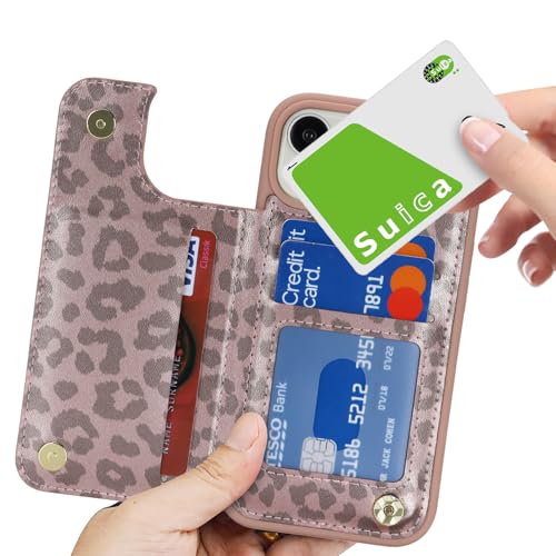 iCoverCase Compatible with iPhone 14 Case with Card Holder, Wallet Case for Women Men RFID Blocking PU Leather Protective Phone Case 6.1 Inch (Rose Gold Leopard) - color: Rose Gold Leopard