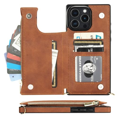 Bocasal Crossbody Wallet Case with Strap for iPhone 16 Pro Max, Brown | RFID Blocking Card Slot Holder, Magnetic Flip Folio Purse Case, PU Leather Zipper Handbag Detachable Lanyard Strap 6.9 Inch - color: Brown