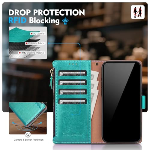Compatible with iPhone 17e / 16e Wallet Case with Card Holder RFID Blocking Zipper Poket PU Leather Flip Phone Case with Wrist Strap Credit Card Slots Men Women,Blue Green - color: Blue Green