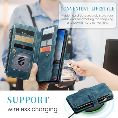 Compatible with Samsung Galaxy S24+ Plus Wallet Case with Card Holder Kickstand Magnetic Zipper Pocket Lanyard Strap Wristlet,Leather Flip Case Wallet for Galaxy S24+ Plus 5G 6.7 Inch(Blue) - color: Blue, size: S24+ Plus 6.7 Inch