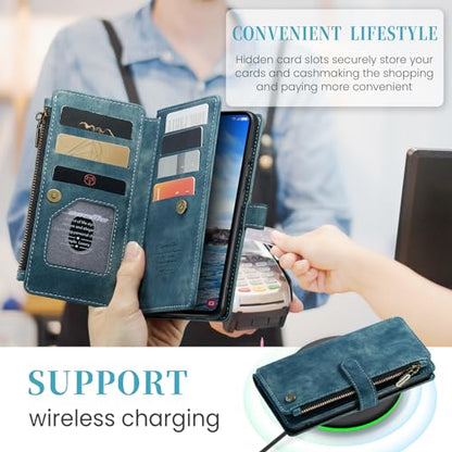 Compatible with Samsung Galaxy S24+ Plus Wallet Case with Card Holder Kickstand Magnetic Zipper Pocket Lanyard Strap Wristlet,Leather Flip Case Wallet for Galaxy S24+ Plus 5G 6.7 Inch(Blue) - color: Blue, size: S24+ Plus 6.7 Inch