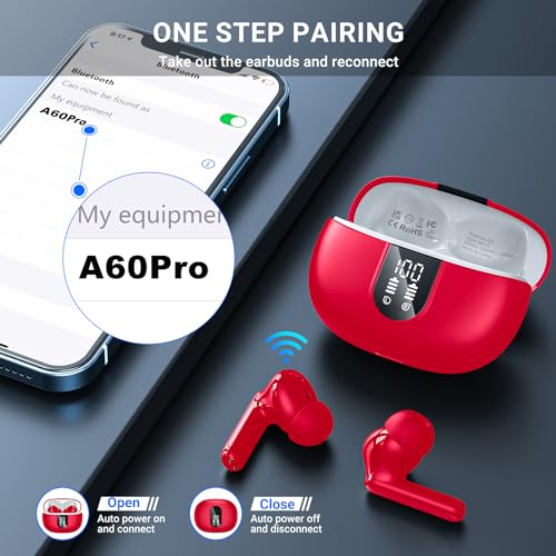 Wireless Earbuds, 2024 Wireless Headphones HiFi Stereo Earphones with 4 ENC Noise Canceling Mic, 42Hs Playtime In Ear Earbud, Bluetooth 5.3 Sport Earphones with LED Power Display for Android iOS Red - color: Red