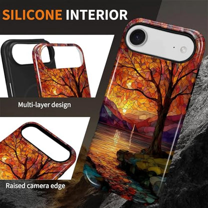 Magnetic Phone Case for iPhone 17 Air,Compatible with MagSafe,Durable 2 Layers Full Covered Shockproof Protective Cover-Stained Glass Sunrise Fall Leaves - color: Stained Glass Sunrise Fall Leaves, size: iPhone 17 Air