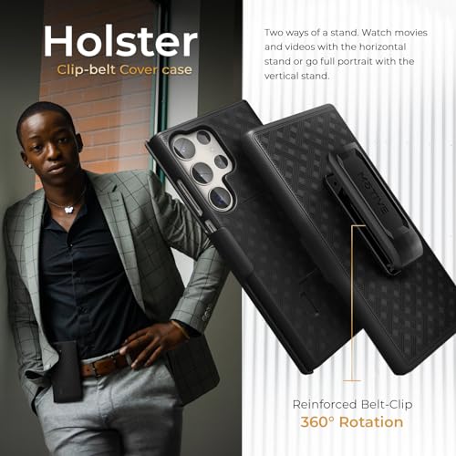 MOTIVE for Samsung Galaxy s24 Ultra Case with Belt Clip, Kickstand | 6.8" | Ranger v1 Series, Black, 360° holster, open-top/bottom port access, grip, slim - size: S24 Ultra