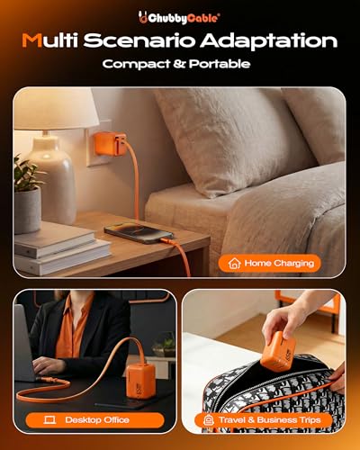 ChubbyCable 65W GaN Wall Charger with Retractable USB C Cable, Orange