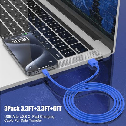 3-Pack Blue [3.3FT+3.3FT+6FT] USB A to USB C Cable, Compatible with iPhone 15/16, iPad, Samsung, MacBook, PS5 and More, Fast Charging, Carplay Cable - color: Blue, size: 6FT+3.3FT+3.3FT