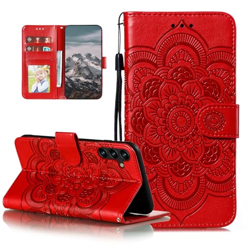 EYZUTAK Case for Samsung Galaxy A17 5G/A26 5G, Premium Leather Magnetic Closure Flip Wallet Phone Case with Card Holder Cash Slots Kickstand Embossed Mandala Flower Shockproof Lanyard Cover - Red - color: Red, size: Samsung Galaxy A17 5G/A26 5G