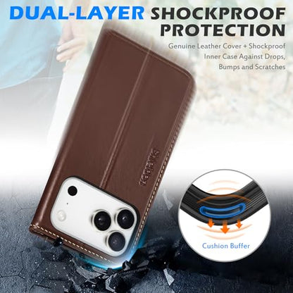 SHIELDON Genunine Leather Case Wallet for iPhone 17 Pro 6.3", Retro Coffee | Flip Magnetic Cover, Kickstand, RFID Blocking, 3 Credit Card Holder, Book Design, Shockproof, Soft Inner Phone Case - color: Retro Coffee