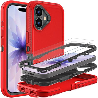 YKHJKLEC for iPhone 17 Case, Military Grade 3 in 1 Heavy Duty Shockproof/Drop Proof/Dust Proof Case with 2Pcs Tempered Glass Screen Protector (Red/Black) - color: Red/Black