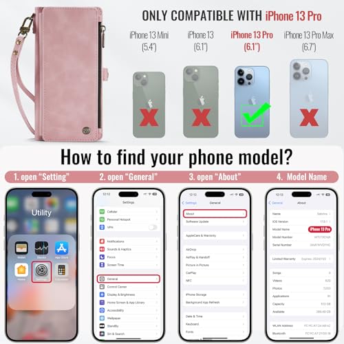 Defencase for iPhone 13 Pro Wallet Case with RFID Card Holder, Rose Pink | Durable Soft PU Leather, with Zipper Pocket, Wrist Strap, Fashion Snap Flip Phone Cases Cover with Stand for Women and Men - color: Rose Pink