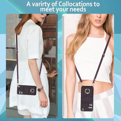 Phone Case for Samsung Galaxy S24 5G Wallet Cover with Tempered Glass Screen Protector Crossbody Wrist Strap Ring RFID Blocking Credit Card Holder Cell S 24 24S G5 SM-S921U Women Men Girls Dark Purple - color: Dark Purple