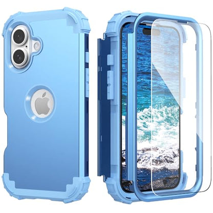 IDweel for iPhone 16 Case with Screen Protector, 3 in 1 Shockproof Slim Fit Hybrid Heavy Duty Hard PC Cover Soft Silicone Bumper Full Body Anti-Fingerprint Case, Peace Blue - color: Peace Blue