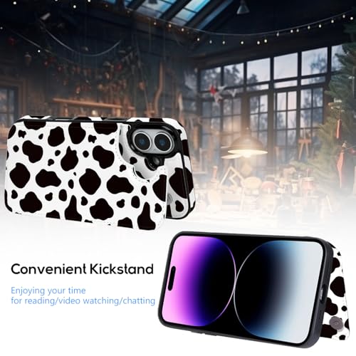 Compatible with iPhone 16 Plus Wallet Case with Card Holder, Black Cow Print Flip Folio PU Leather Kickstand Card Slots Case for Women Girls - color: Black Cow Print, size: iPhone 16 Plus 6.7 inch