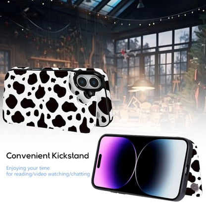 Compatible with iPhone 16 Plus Wallet Case with Card Holder, Black Cow Print Flip Folio PU Leather Kickstand Card Slots Case for Women Girls - color: Black Cow Print, size: iPhone 16 Plus 6.7 inch