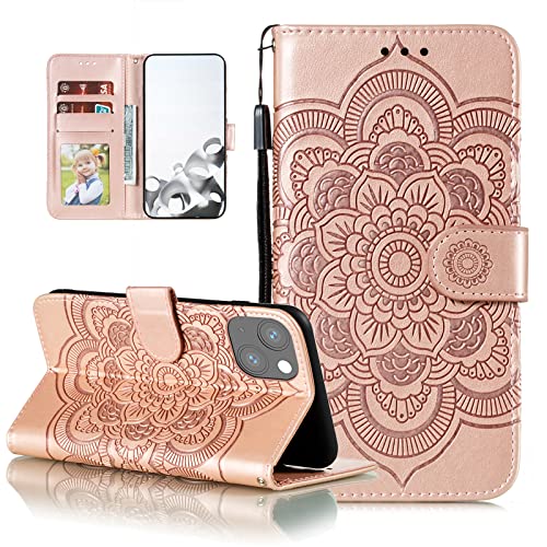 EYZUTAK Case for iPhone 14 Plus, Premium PU Leather Magnetic Flip Wallet Case with Card Holder Cash Slot Lanyard Strap Kickstand Function Embossed Mandala Flower Pattern Shockproof Cover - Rose Gold - color: Rose Gold, size: iPhone 14 Plus