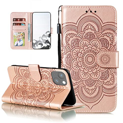 EYZUTAK Case for iPhone 14 Plus, Premium PU Leather Magnetic Flip Wallet Case with Card Holder Cash Slot Lanyard Strap Kickstand Function Embossed Mandala Flower Pattern Shockproof Cover - Rose Gold - color: Rose Gold, size: iPhone 14 Plus