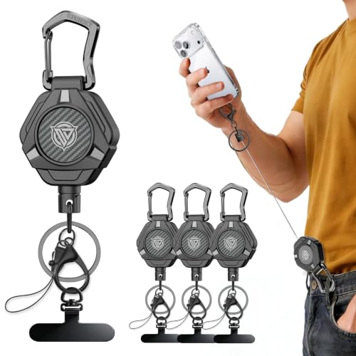 Oaridey Magnetic Anti Theft Phone Strap, Retractable Steel Cell Phone Lanyard with Heavy Duty Carabiner and 360° Metal Phone Tether Tab For Skiing, Hiking, Fishing, Concert and Traveling, 4 Packs - color: 4 Packs
