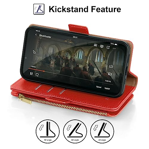 Antsturdy for iPhone 16 Pro Max Phone Wallet Case Women,Red | RFID Blocking,with Credit Card Holder Slots,PU Leather Purse,Zipper Pocket,Wrist Strap Kickstand,Flip Folio Cover for Men - color: Red