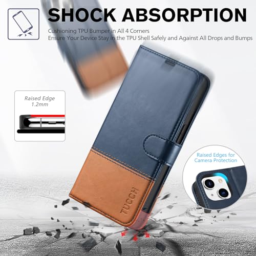 TUCCH Case Wallet for iPhone 14 6.1", RFID Blocking Folio, Blue & Brown | 4 Card Holders, Kickstand, PU Leather, Magnetic Closure, Shockproof TPU Shell, Protective Flip Cover - color: Dark Blue & Brown