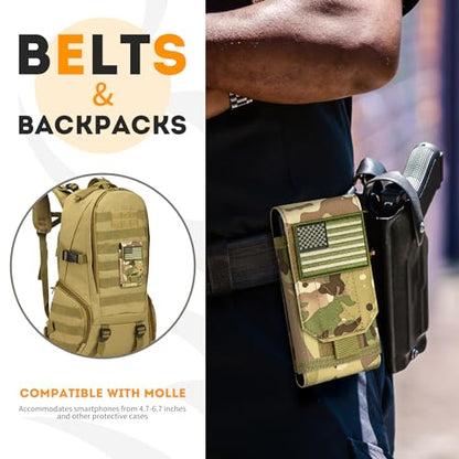 Tactical Molle Phone Cover Case, Heavy Duty Loop Belt Holster Pouch with Flag Patch for iPhone 17 Pro Max/Air/17 Pro/17/16 Pro Max/15 Pro Max/14 Pro Max/13 Pro Max, for Galaxy S26 Ultra - color: Camo
