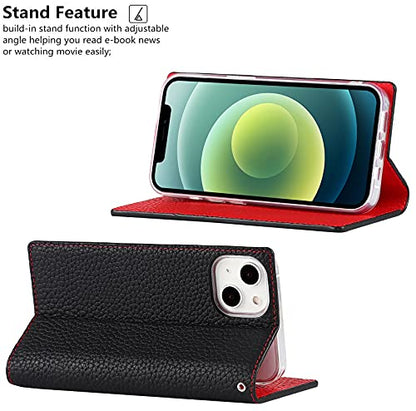 iCoverCase Compatible with iPhone 13 Wallet Case, RFID Blocking Genuine Leather Magnetic Case with Wrist Strap and Card Slots Kickstand Feature Flip Cover 6.1 Inch (Black) - color: Black, size: iPhone 13