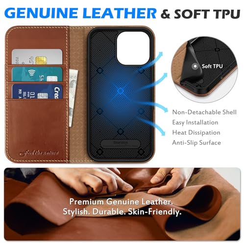 SHIELDON Real Leather Case Wallet for iPhone 16 Pro Max 6.9", Retro Brown | Flip Magnetic Cover, RFID Blocking, Credit Card Holder, Kickstand, Book Design, Shock-Absorbent Phone Cover - color: Retro Brown