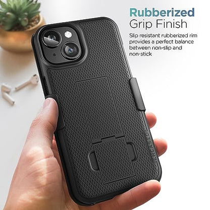 Encased DuraClip Designed for iPhone 15 Case with Belt Clip Phone Holster and Kickstand (Matte Black) - size: iPhone 15