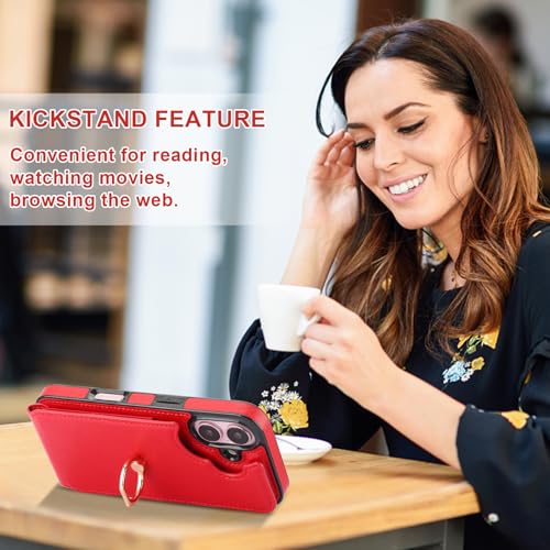 Folosu Compatible with iPhone 16 Case Wallet with Card Holder, 360°Rotation Finger Ring Holder Kickstand, RFID Blocking Leather Protective Double Buttons Shockproof Cover 6.1 Inch Red - color: Red