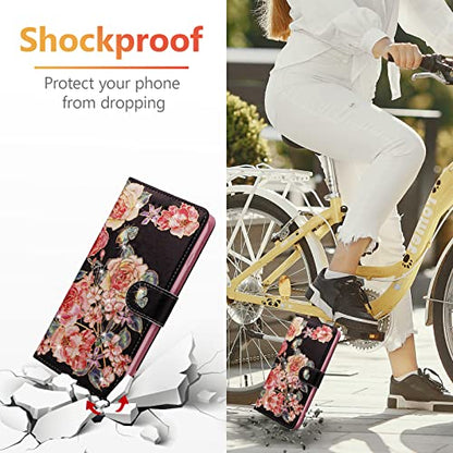 UEEBAI Wallet Case for iPhone 13, PU Leather Phone Cover Kickstand RFID Blocking Flip Case Card Slots Wrist Strap Relief Engraved Pattern Magnetic Closure Flower Folio Wallet, Black Rose - color: Black Rose, size: iPhone 13