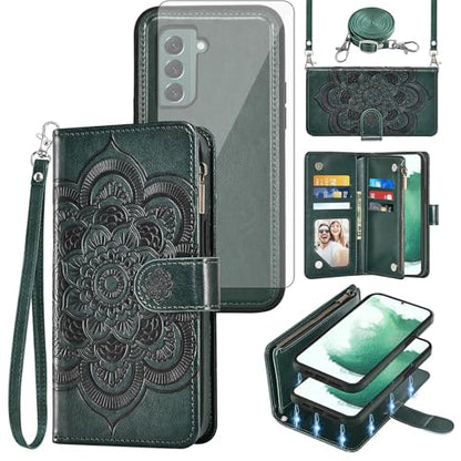 Asuwish Phone Case for Samsung Galaxy S22 5G Zipper Wallet Magnetic Cell Cover with Tempered Glass Screen Protector Crossbody Lanyard Strap Flower Card Holder S 22 22S 4G G5 6.1 inch Women Dark Green - color: Dark Green