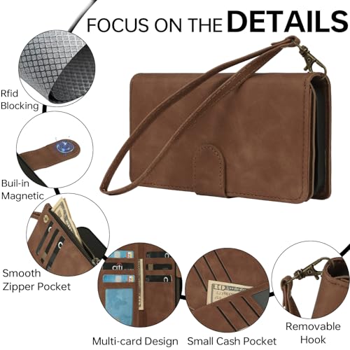 RANYOK Compatible with iPhone 16 Case Wallet - PU Leather Wallet Case for iPhone 16 with Credit Card Holder RFID Blocking Zipper Pocket with Wrist Strap Flip Folio Protective Case (Brown) - color: Brown, size: iPhone 16, 6.1"