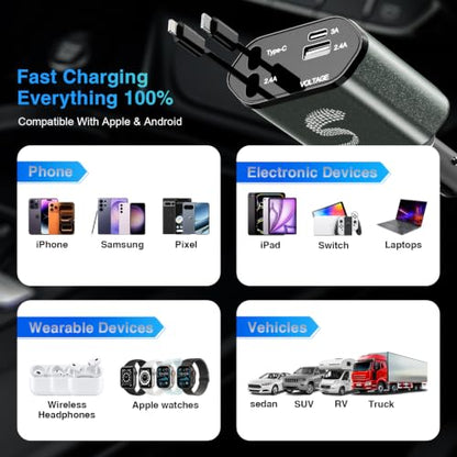 Retractable Car Charger USB C Fast Charging 120W, Car Accessories Cigarette Lighter Adapter Car iPhone17 16 15 14 13, Galaxy S26, Pixel Charger Travel Essentials Gift for Travelers, Men, Women